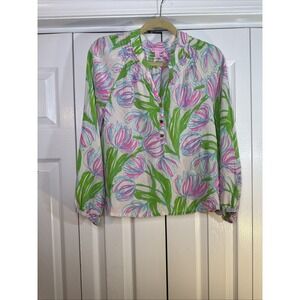 Lilly Pulitzer Silk Elsa Blouse Womens Small Pink Green Blue White Tulip Flowers